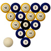 WEST VIRGINIA SCHOOL COLOR NUMBERED BILLIARD BALL SET BLUE SOLID/GOLD STRIPE - WVUBBS100N