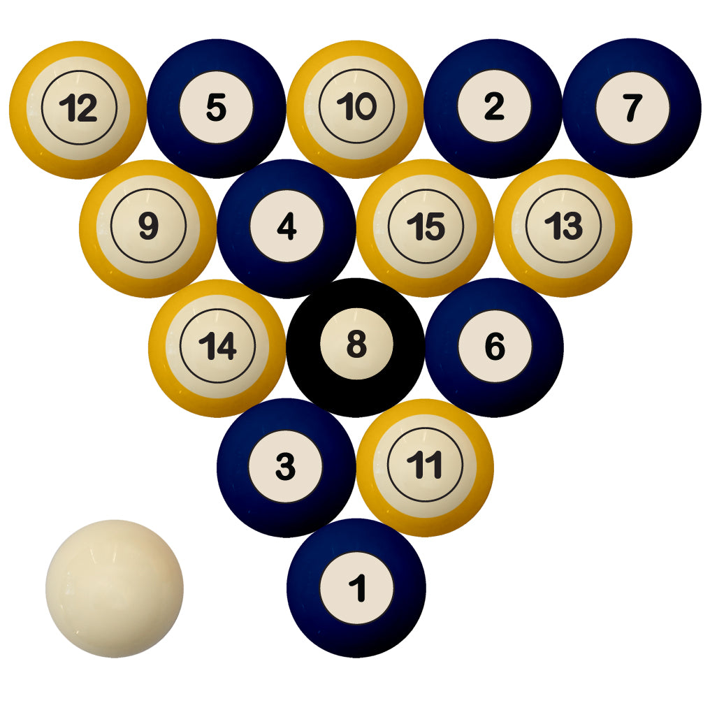 WEST VIRGINIA SCHOOL COLOR NUMBERED BILLIARD BALL SET BLUE SOLID/GOLD STRIPE - WVUBBS100N
