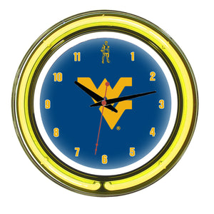 WEST VIRGINIA NEON WALL CLOCK - 14'' BLUE FACE / YELLOW NEON - WVUNWC100-14