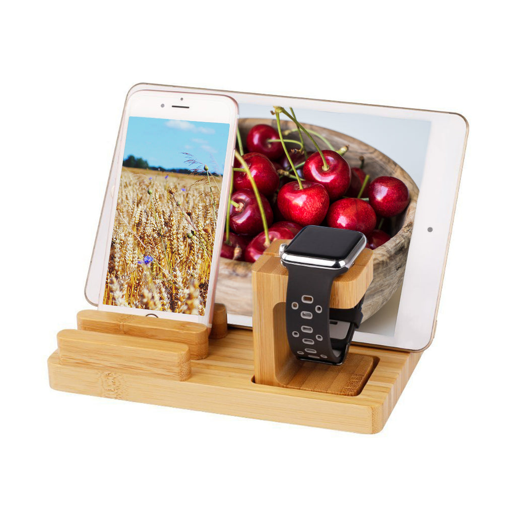 Trexonic  Bamboo 4-Port Apple Watch and Iphone Charging Stand with 3 Device Slots and Pen Holder