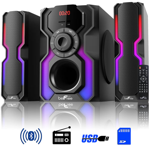 Befree Sound beFree Sound 2.1 Channel Bluetooth Multimedia Wired Speaker Shelf Stereo System with Reactive LED Lights, FM Radio, USB, and SD Inputs - Factory Reconditioned