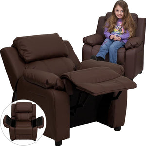 Deluxe Padded Contemporary Brown LeatherSoft Kids Recliner with Storage Arms - Flash Furniture
