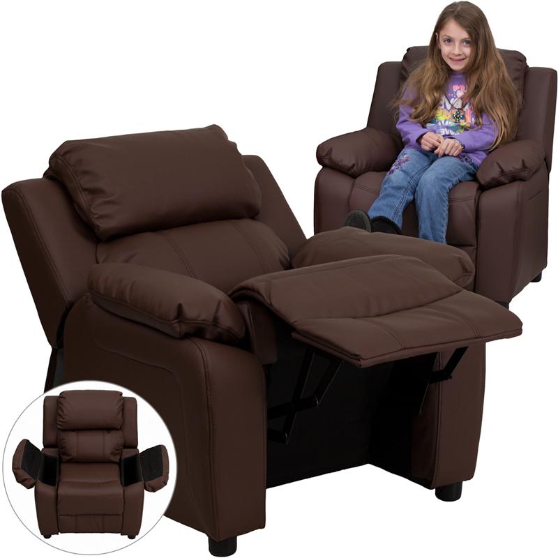 Deluxe Padded Contemporary Brown LeatherSoft Kids Recliner with Storage Arms - Flash Furniture
