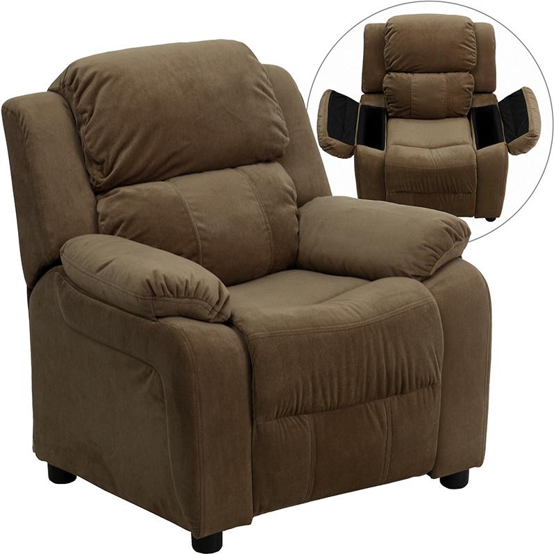 Deluxe Padded Contemporary Brown Microfiber Kids Recliner with Storage Arms - Flash Furniture