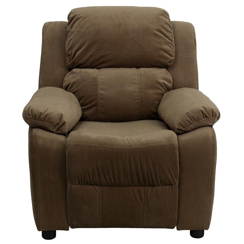 Deluxe Padded Contemporary Brown Microfiber Kids Recliner with Storage Arms - Flash Furniture