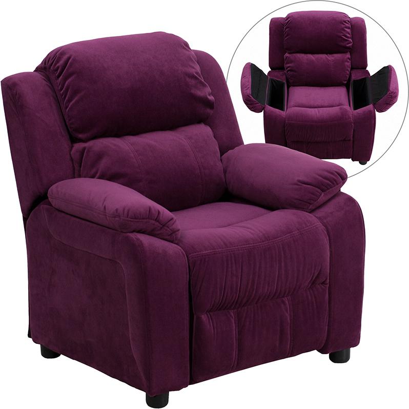 Deluxe Padded Contemporary Purple Microfiber Kids Recliner with Storage Arms - Flash Furniture