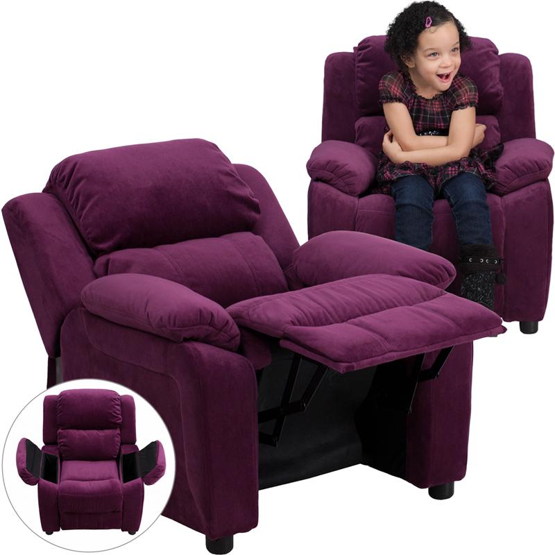 Deluxe Padded Contemporary Purple Microfiber Kids Recliner with Storage Arms - Flash Furniture