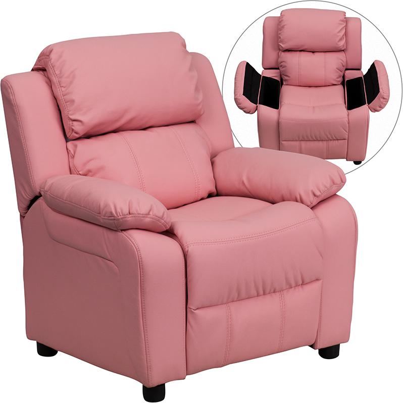 Deluxe Padded Contemporary Pink Vinyl Kids Recliner with Storage Arms - Flash Furniture