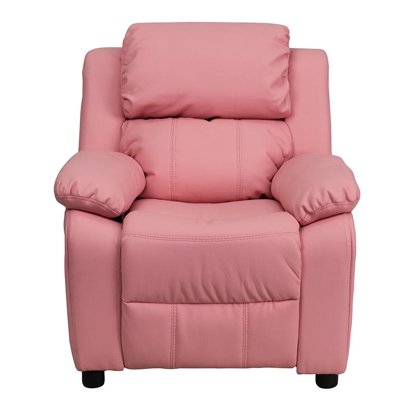 Deluxe Padded Contemporary Pink Vinyl Kids Recliner with Storage Arms - Flash Furniture