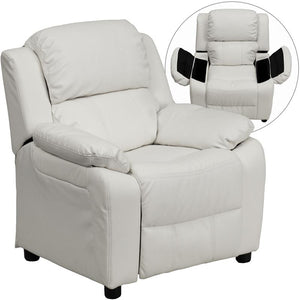 Deluxe Padded Contemporary White Vinyl Kids Recliner with Storage Arms - Flash Furniture