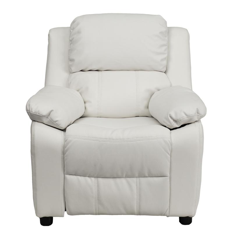 Deluxe Padded Contemporary White Vinyl Kids Recliner with Storage Arms - Flash Furniture