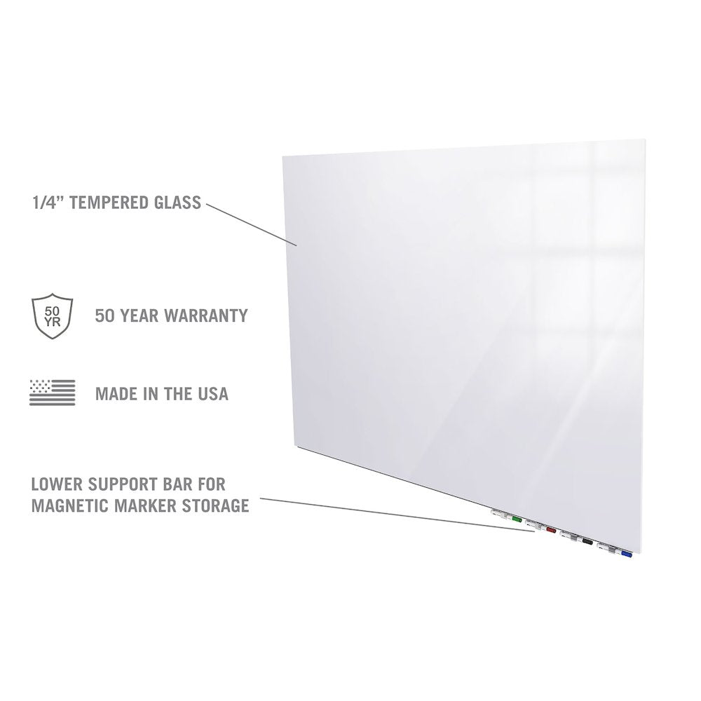 Ghent Aria 3'H x 4'W Magnetic Glass White Board, White Surface, Horizontal, 4 Rare Earth Magnets, 4 Markers and Eraser