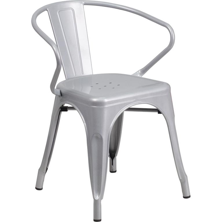 Commercial Grade Silver Metal Indoor-Outdoor Chair with Arms - Flash Furniture