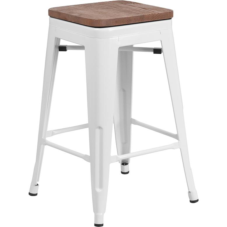 24'' High Backless White Metal Counter Height Stool with Square Wood Seat - Flash Furniture