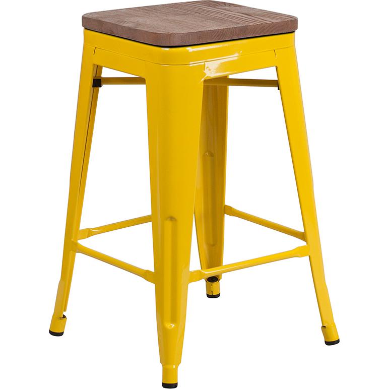 24'' High Backless Yellow Metal Counter Height Stool with Square Wood Seat - Flash Furniture
