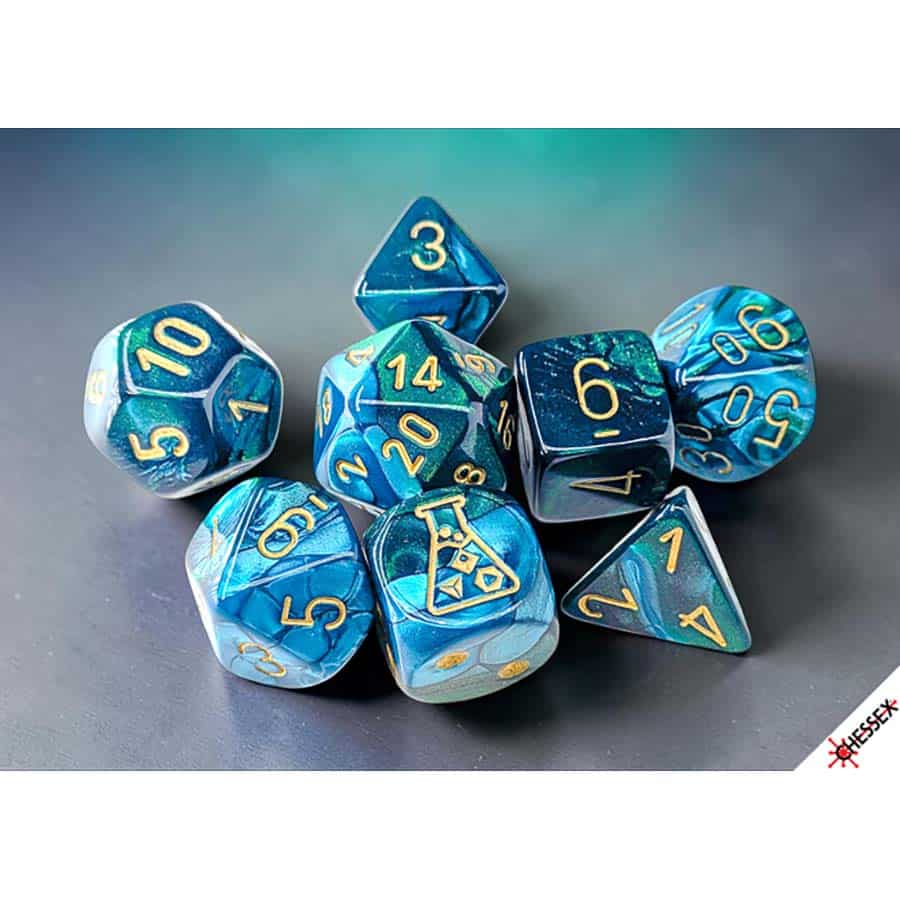 Chessex Mfg Co Llc -  7Ct Lab Dice (Series 10): Gemini Green-Teal With Gold Pre-Order