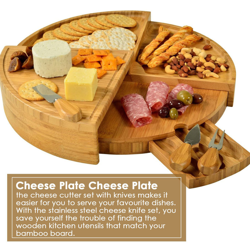 Sensuality Emporium - Bamboo Cheese Board with Cheese Knife Set 37 Cm Cheese Plate Rotating Serving Plate for Cheese and Appetite Gifts Cheese Tool