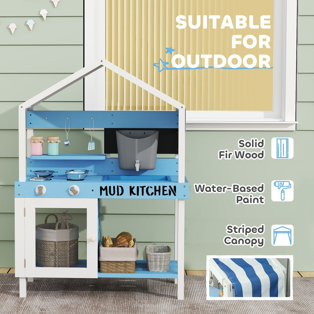 Qaba Wooden Mud Kitchen for Kids Outdoor with Sink, Faucet, Water Tank, Storage Shelves, Accessories for Boys and Girls, Blue