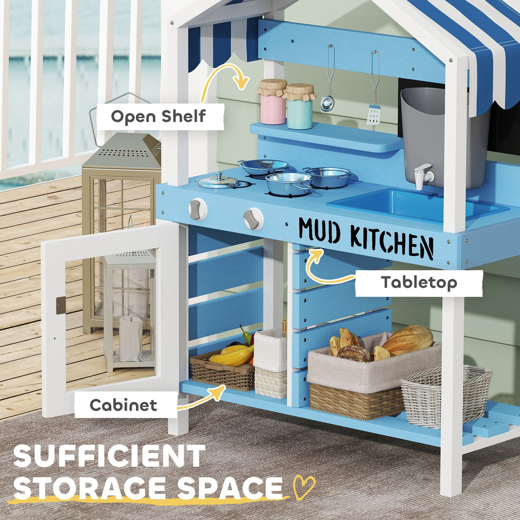 Qaba Wooden Mud Kitchen for Kids Outdoor with Sink, Faucet, Water Tank, Storage Shelves, Accessories for Boys and Girls, Blue