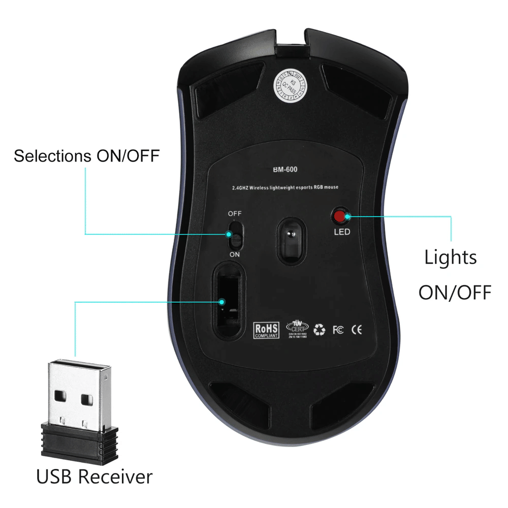 The Perfect Part - Wireless Mouse Gaming Rechargeable Optical Mouse Cordless 7 Color LED Backlit PC