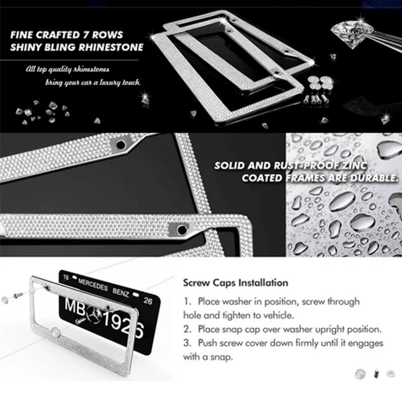 The Perfect Part - 2PCS Bling License Plate Frame Glitter Crystal Sparkling Rhinestone Diamond Caps