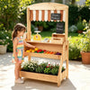 inQ Boutique - 2-in-1 Kids Outdoor Mud Kitchen & Farmers Market Stand, Carbonized Fir Wood Pretend Grocery Store with 25 Pcs Play Food Accessories Double Chalkboards Planter Box