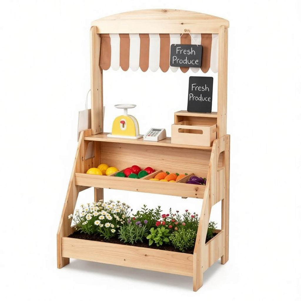 inQ Boutique - 2-in-1 Kids Outdoor Mud Kitchen & Farmers Market Stand, Carbonized Fir Wood Pretend Grocery Store with 25 Pcs Play Food Accessories Double Chalkboards Planter Box