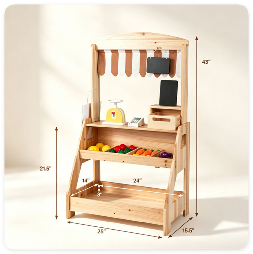 inQ Boutique - 2-in-1 Kids Outdoor Mud Kitchen & Farmers Market Stand, Carbonized Fir Wood Pretend Grocery Store with 25 Pcs Play Food Accessories Double Chalkboards Planter Box