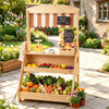 inQ Boutique - 2-in-1 Kids Outdoor Mud Kitchen & Farmers Market Stand, Carbonized Fir Wood Pretend Grocery Store with 25 Pcs Play Food Accessories Double Chalkboards Planter Box