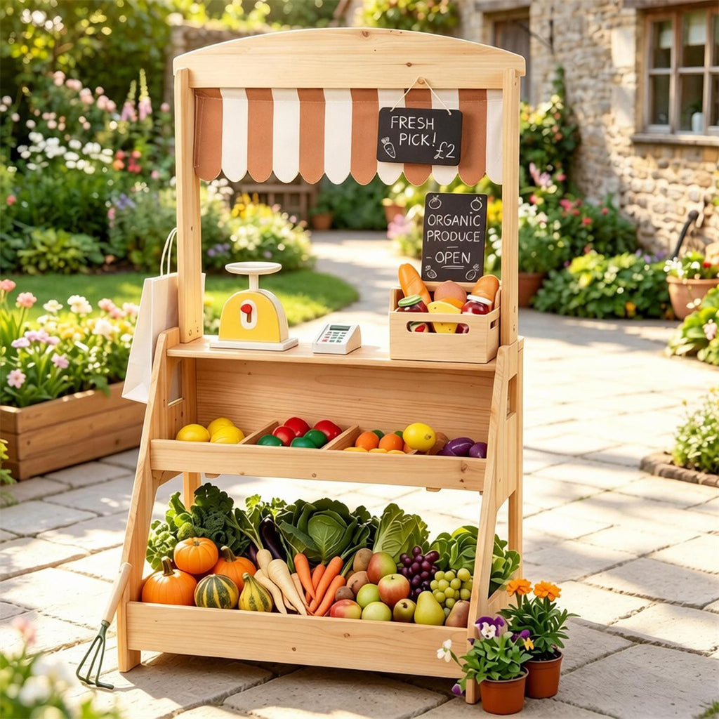 inQ Boutique - 2-in-1 Kids Outdoor Mud Kitchen & Farmers Market Stand, Carbonized Fir Wood Pretend Grocery Store with 25 Pcs Play Food Accessories Double Chalkboards Planter Box