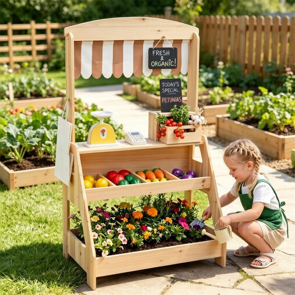 inQ Boutique - 2-in-1 Kids Outdoor Mud Kitchen & Farmers Market Stand, Carbonized Fir Wood Pretend Grocery Store with 25 Pcs Play Food Accessories Double Chalkboards Planter Box