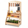 inQ Boutique - 2-in-1 Kids Outdoor Mud Kitchen & Farmers Market Stand, Carbonized Fir Wood Pretend Grocery Store with 25 Pcs Play Food Accessories Double Chalkboards Planter Box