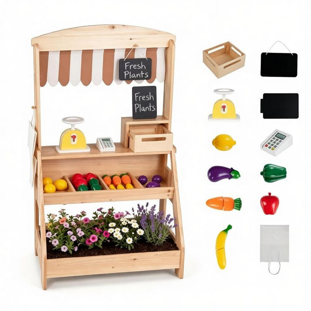 inQ Boutique - 2-in-1 Kids Outdoor Mud Kitchen & Farmers Market Stand, Carbonized Fir Wood Pretend Grocery Store with 25 Pcs Play Food Accessories Double Chalkboards Planter Box