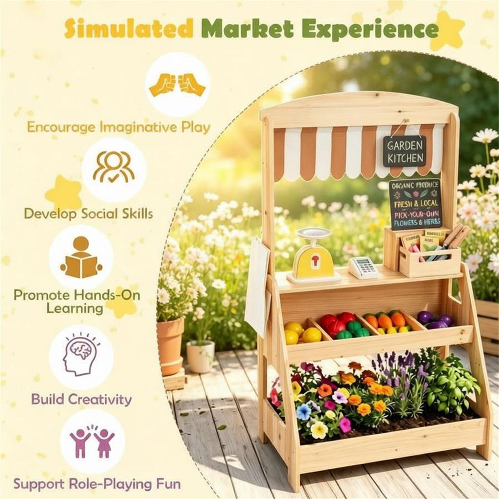 inQ Boutique - 2-in-1 Kids Outdoor Mud Kitchen & Farmers Market Stand, Carbonized Fir Wood Pretend Grocery Store with 25 Pcs Play Food Accessories Double Chalkboards Planter Box