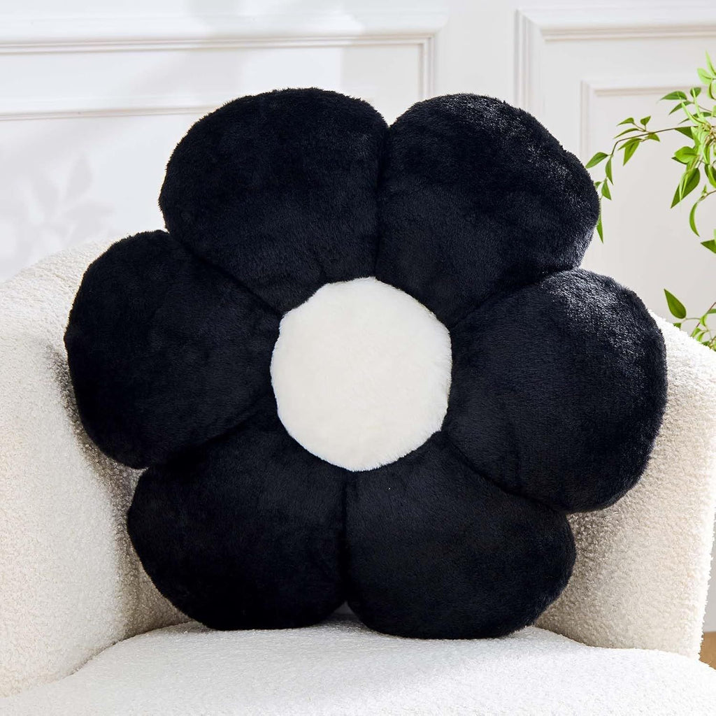 Bright Living - Black Flower Pillow, Cute Decorative Flower Shaped Throw Pillow with Faux Rabbit Fur, 14.9'' Soft Daisy Plush Floor Cushion Aesthetic Room Decor for Bed Sofa Couch