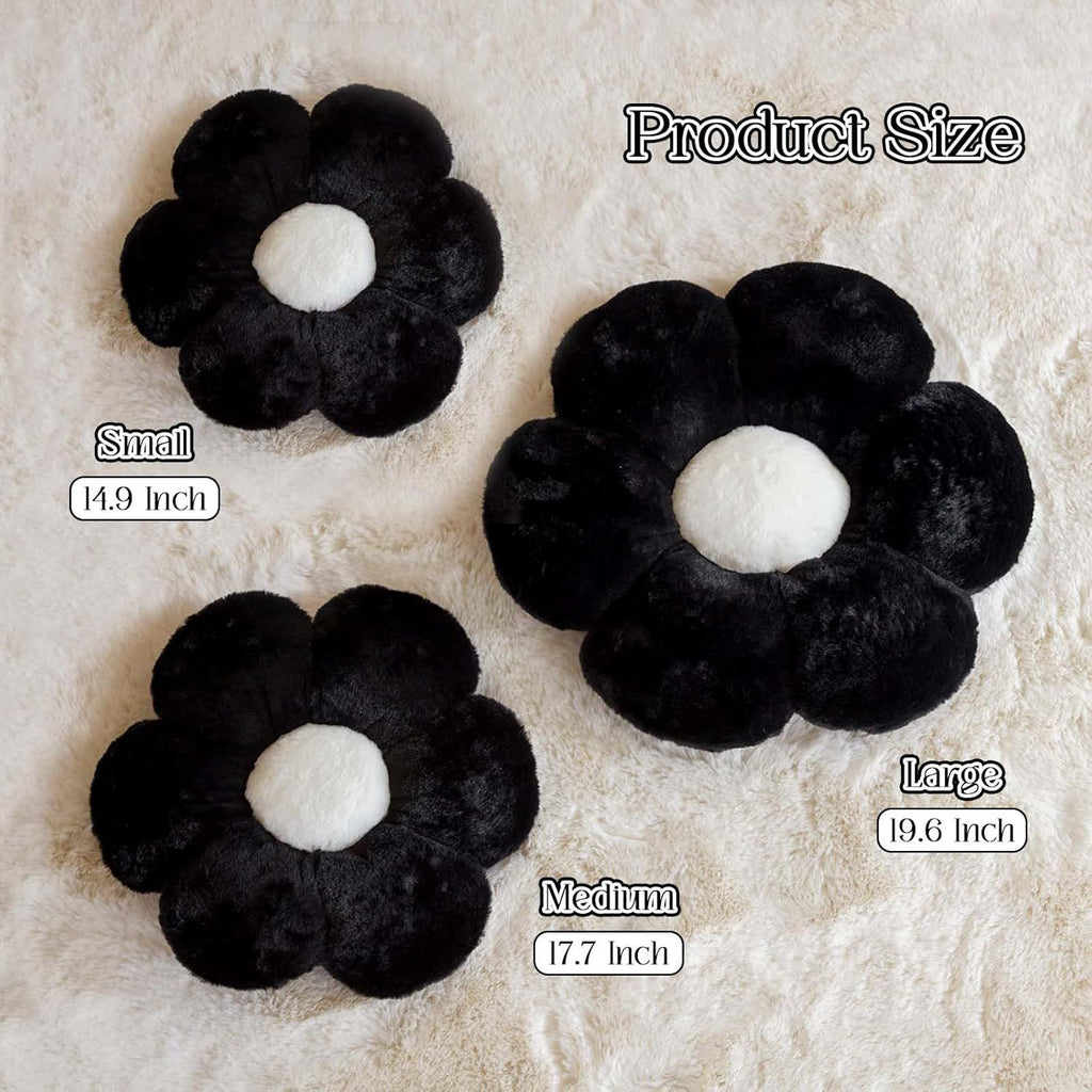Bright Living - Black Flower Pillow, Cute Decorative Flower Shaped Throw Pillow with Faux Rabbit Fur, 14.9'' Soft Daisy Plush Floor Cushion Aesthetic Room Decor for Bed Sofa Couch