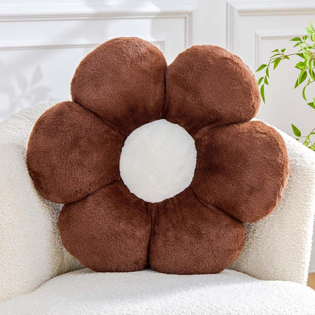 Bright Living - Brown Flower Pillow, Cute Decorative Flower Shaped Throw Pillow with Faux Rabbit Fur, 14.9'' Soft Flower Plush Throw Pillow Floor Pillows Room DÃ©cor for Bedroom Living Room