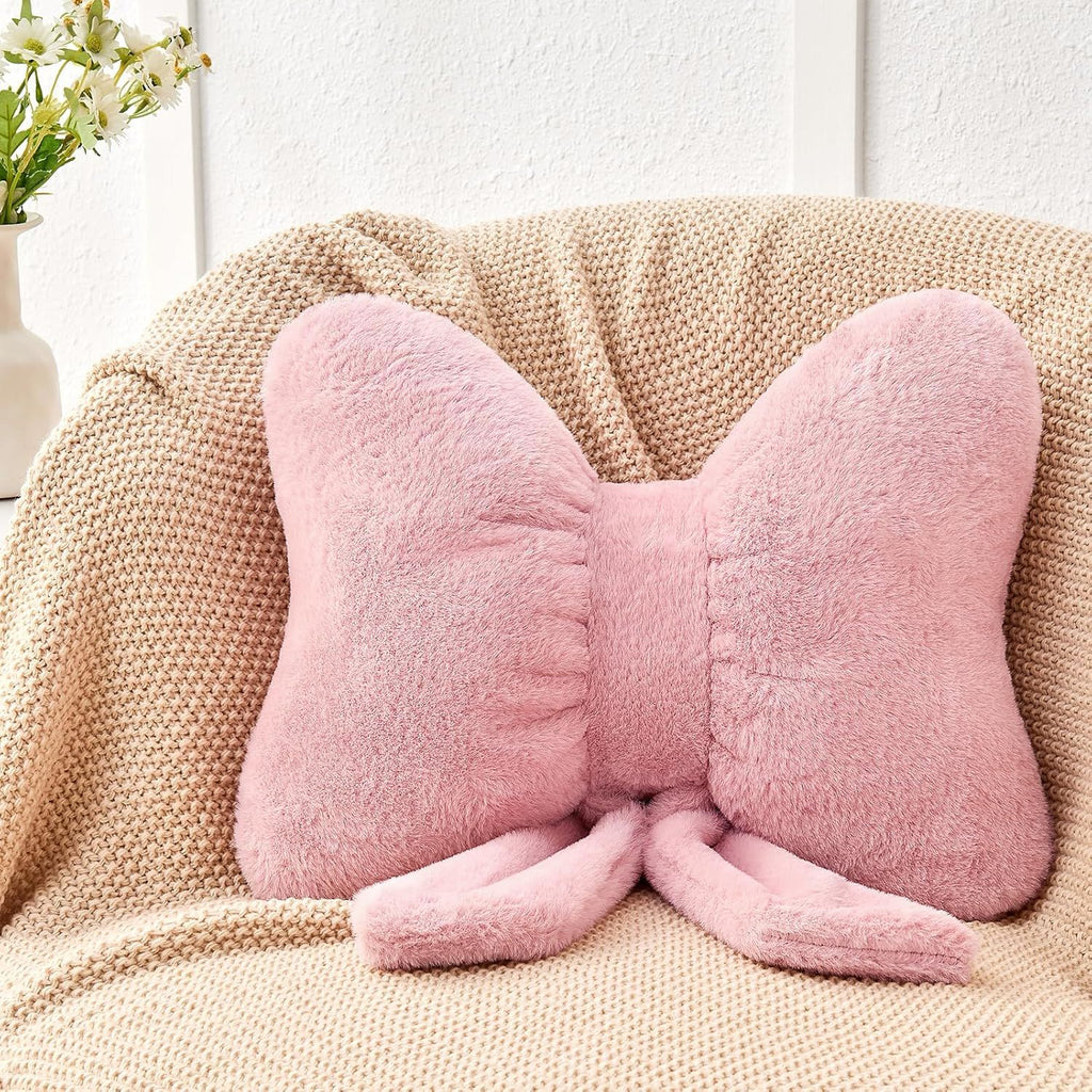Bright Living - Dusty Pink Bow Pillow,16'' Bow Decorative Pillows with Faux Rabbit Fur,Soft Bow Throw Pillows Aesthetic Bow Shaped Pillow for Bed Sofa Couch Home Decor
