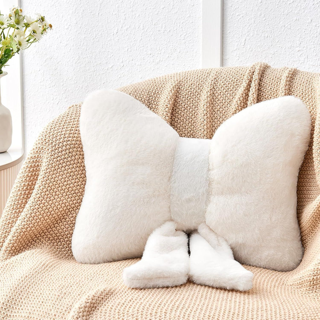 Bright Living - Ivory Bow Pillow,16'' Bow Decorative Pillows with Faux Rabbit Fur,Soft Bow Throw Pillows Aesthetic Bow Shaped Pillow for Bed Sofa Couch Home Decor