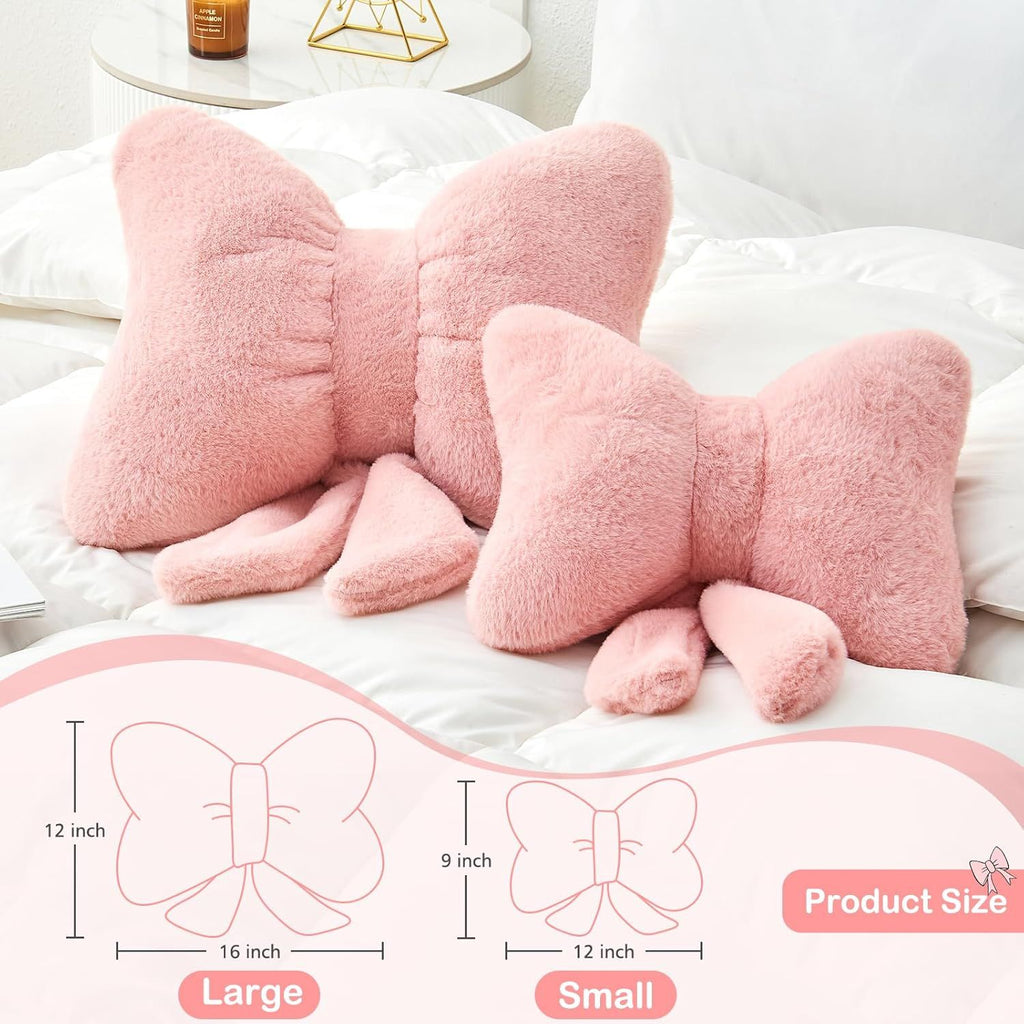 Bright Living - Ivory Bow Pillow,16'' Bow Decorative Pillows with Faux Rabbit Fur,Soft Bow Throw Pillows Aesthetic Bow Shaped Pillow for Bed Sofa Couch Home Decor