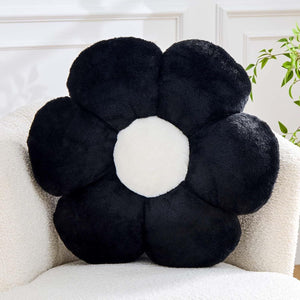 Bright Living - Black Flower Pillow, Cute Decorative Flower Shaped Throw Pillow with Faux Rabbit Fur, 17.7'' Soft Daisy Plush Floor Cushion Aesthetic Room Decor for Bed Sofa Couch