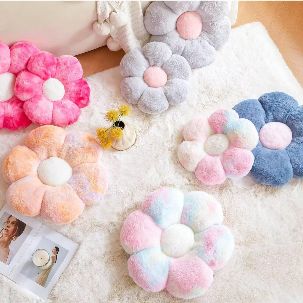 Bright Living - Flower Pillow Cute Decorative Throw Pillow with Faux Rabbit Fur Soft Daisy Plush Floor Cushion Aesthetic Flower Shaped Pillow Home Decor for Bed Sofa Couch (Dusty Blue, 17.7 Inch)