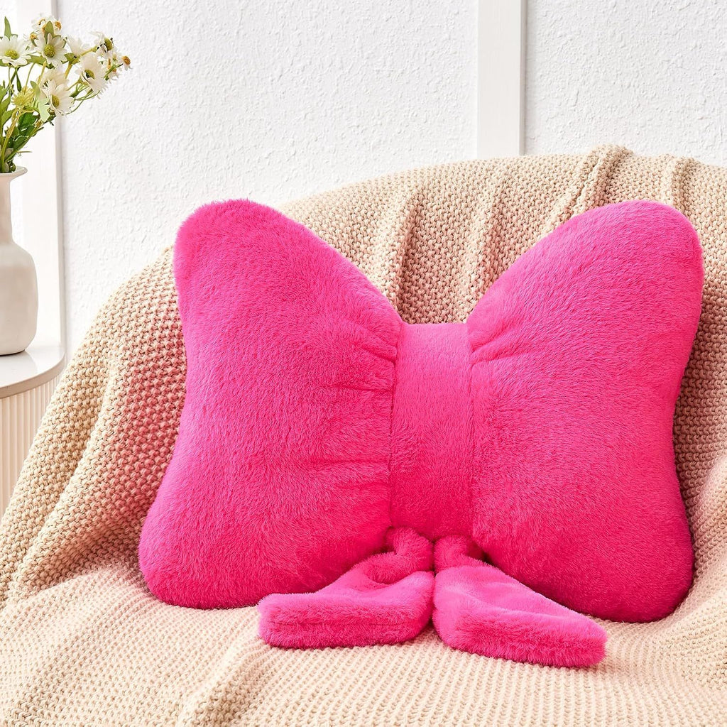 Bright Living - Hot Pink Bow Pillow,12'' Bow Decorative Pillows with Faux Rabbit Fur,Soft Bow Throw Pillows Aesthetic Bow Shaped Pillow for Bed Sofa Couch Home Decor