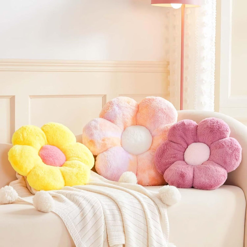 Bright Living - Flower Pillow Cute Decorative Throw Pillow with Faux Rabbit Fur Soft Daisy Plush Floor Cushion Aesthetic Flower Shaped Pillow Home Decor for Bed Sofa Couch (Yellow 14.9 Inch)
