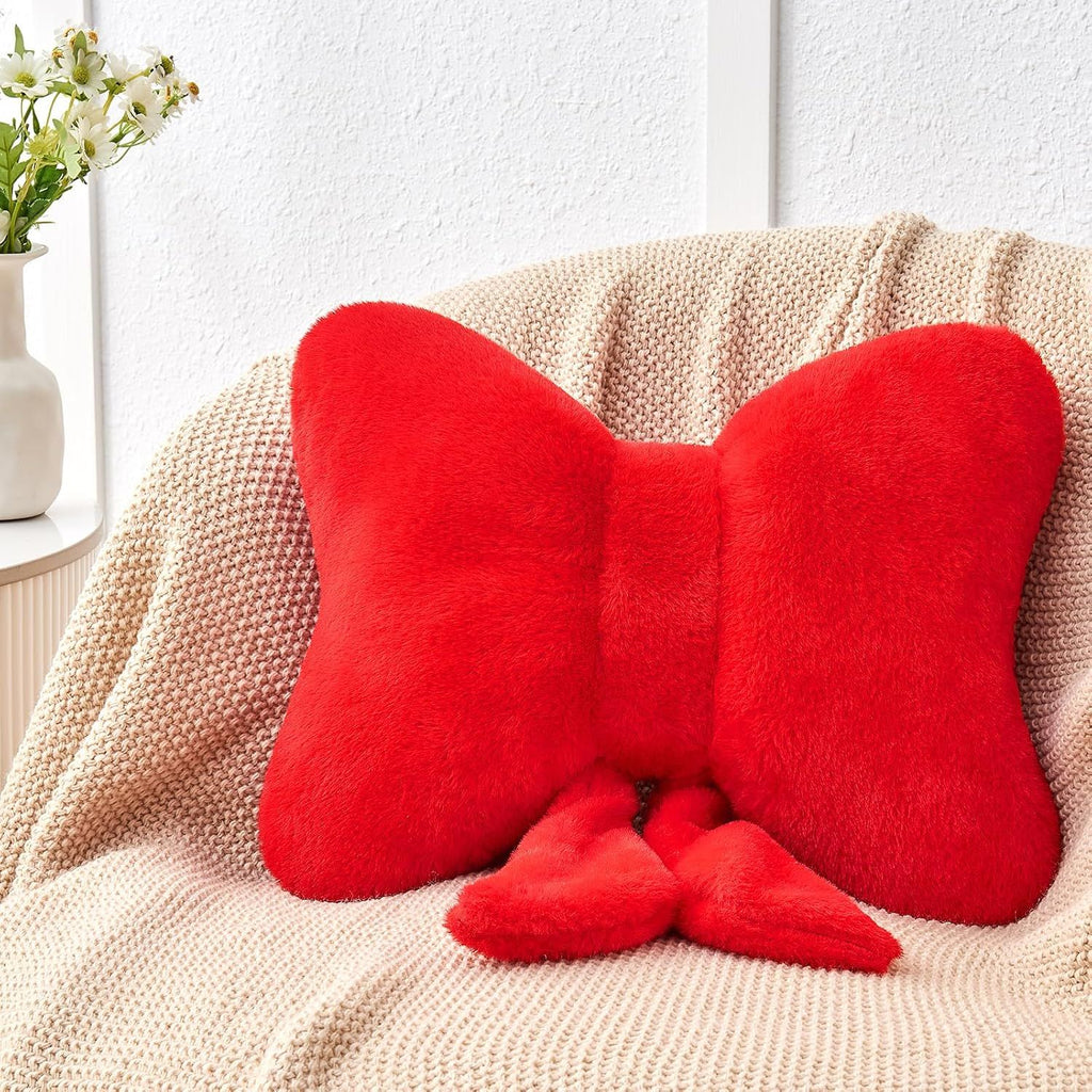 Bright Living - Red Bow Pillow,12'' Bow Decorative Pillows with Faux Rabbit Fur,Soft Bow Throw Pillows Aesthetic Bow Shaped Pillow for Bed Sofa Couch Home Decor