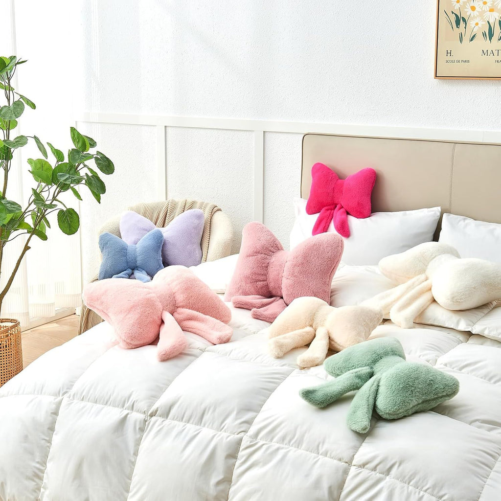 Bright Living - Red Bow Pillow,12'' Bow Decorative Pillows with Faux Rabbit Fur,Soft Bow Throw Pillows Aesthetic Bow Shaped Pillow for Bed Sofa Couch Home Decor