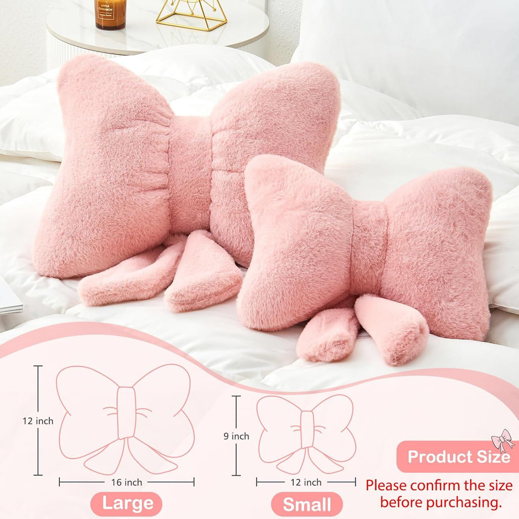 Bright Living - Pink Bow Pillow,12'' Bow Shaped Pillow with Faux Rabbit Fur,Soft Bow Throw Pillows Aesthetic Bow Decorative Pillows for Bed Sofa Couch Home Decor