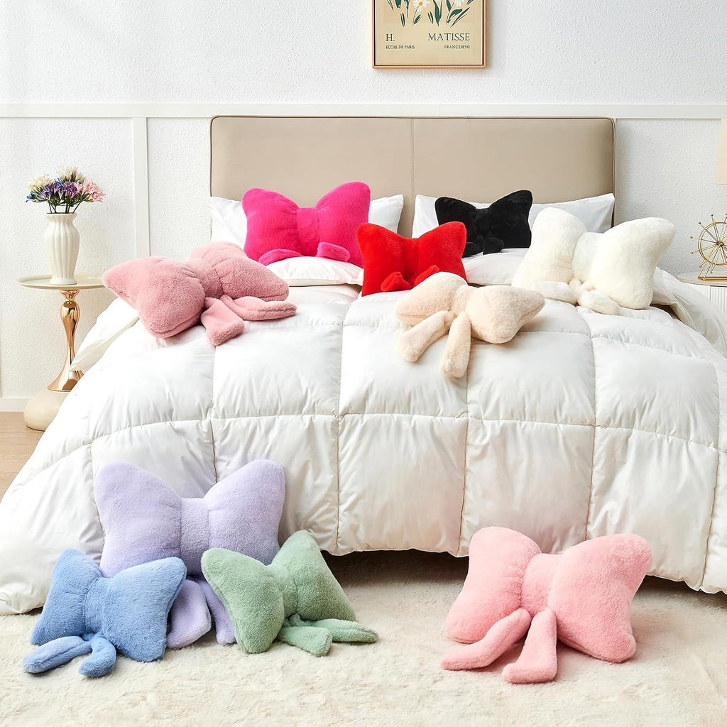 Bright Living - Dusty Pink Bow Pillow,12'' Bow Decorative Pillows with Faux Rabbit Fur,Soft Bow Throw Pillows Aesthetic Bow Shaped Pillow for Bed Sofa Couch Home Decor