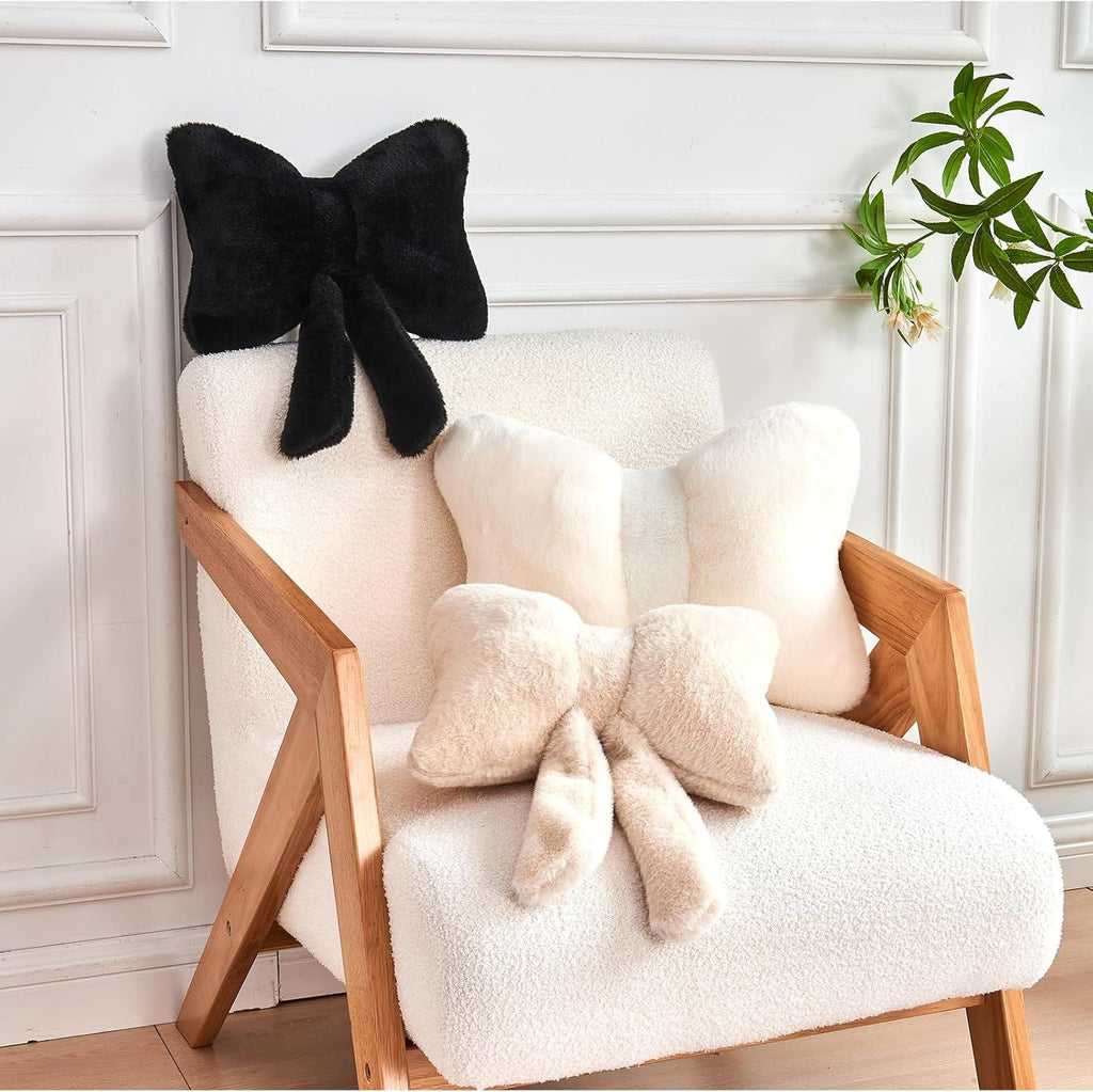 Bright Living - Ivory Bow Pillow, Soft Bow Decorative Pillows with Faux Rabbit Fur, Cute 12'' Bow Throw Pillows, Aesthetic Home Decor Bow Shaped Plush Pillow for Bedroom Sofa Couch