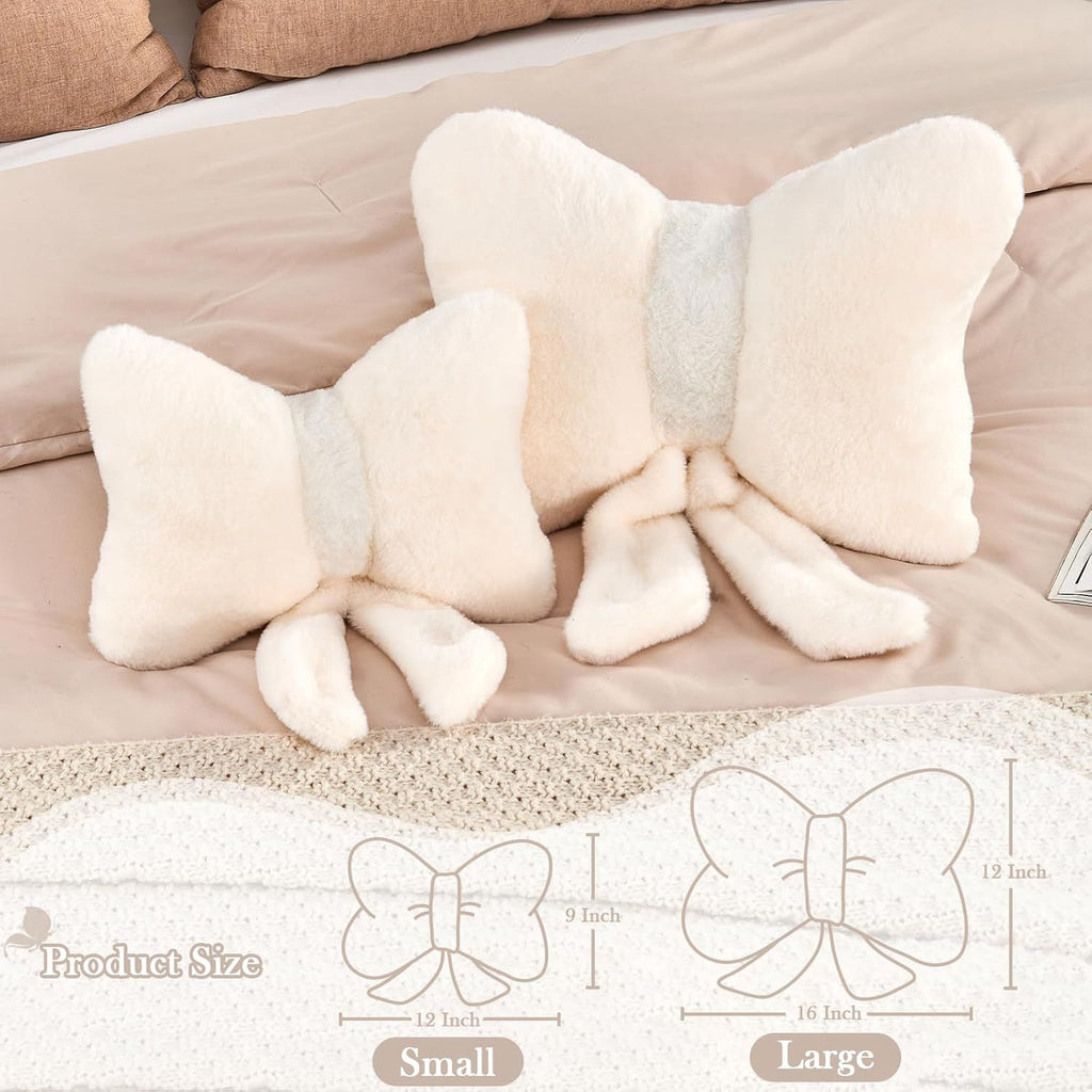 Bright Living - Ivory Bow Pillow, Soft Bow Decorative Pillows with Faux Rabbit Fur, Cute 12'' Bow Throw Pillows, Aesthetic Home Decor Bow Shaped Plush Pillow for Bedroom Sofa Couch